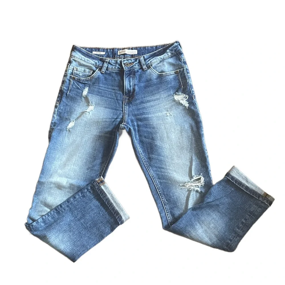 Bershka Women’s Boyfriend Blue Jeans Faded Distressed Sz 2